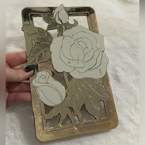 VTG MCM Trivet WMA ROGERS LTD Gold Cream Roses Japan 5.5"x 9" Wall Decor Floral - Picture 1 of 10